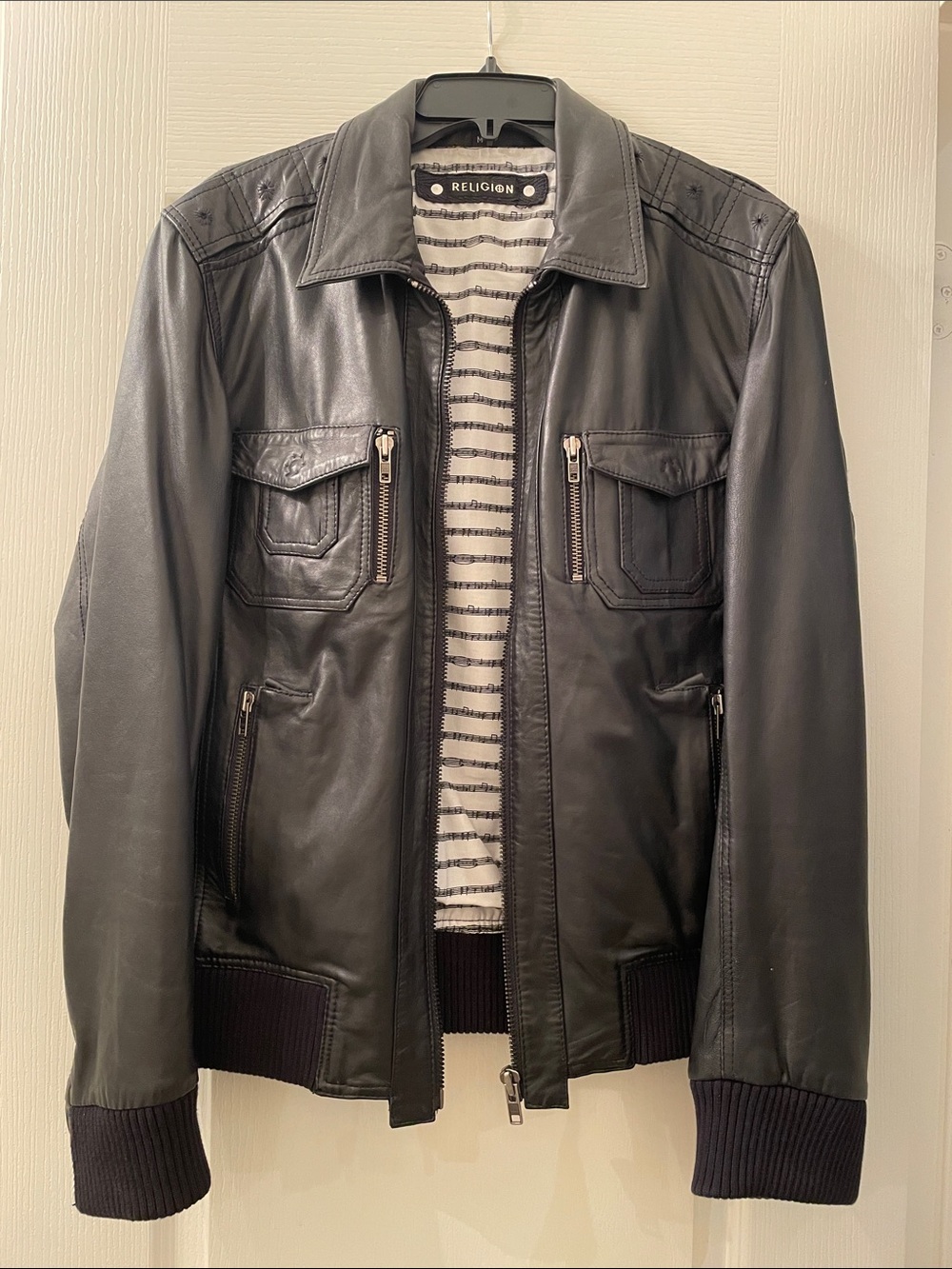 Religion Brand Men’s Black Genuine Leather Bomber Jacket